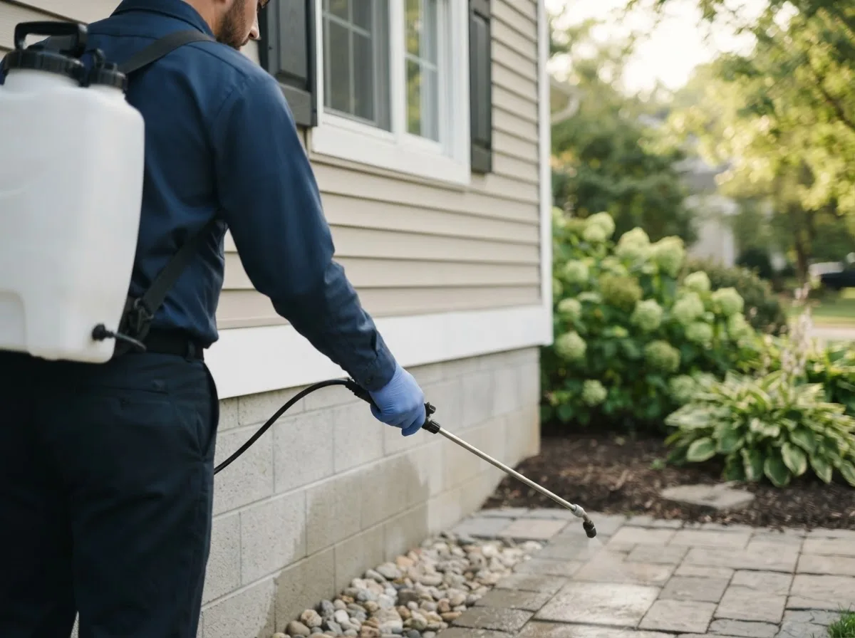 Pest control technician inspecting a home in Belmont, NY